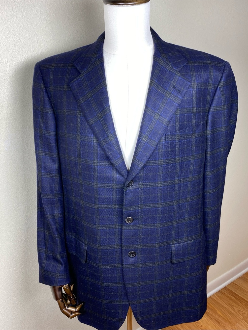 Belvest Cashmere Men’s 44L Blue Brown Windowpane Plaid Three‎ Button Made Italy